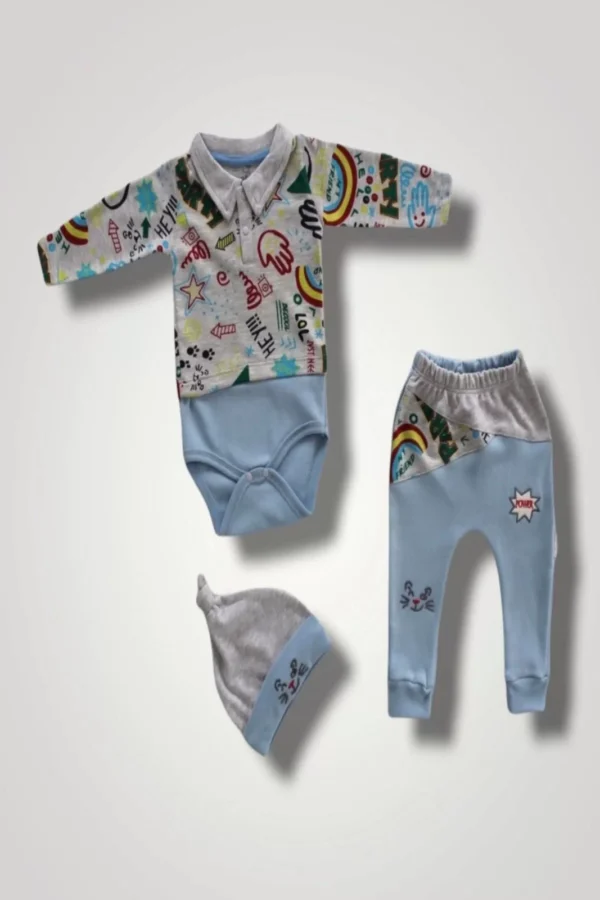 6-9 12-18 18-24 Ay Power Kedi Nakışlı Uzun Kollu Zıbınlı Şapkalı 3lü Kız Erkek Bebek Takımı Mavi