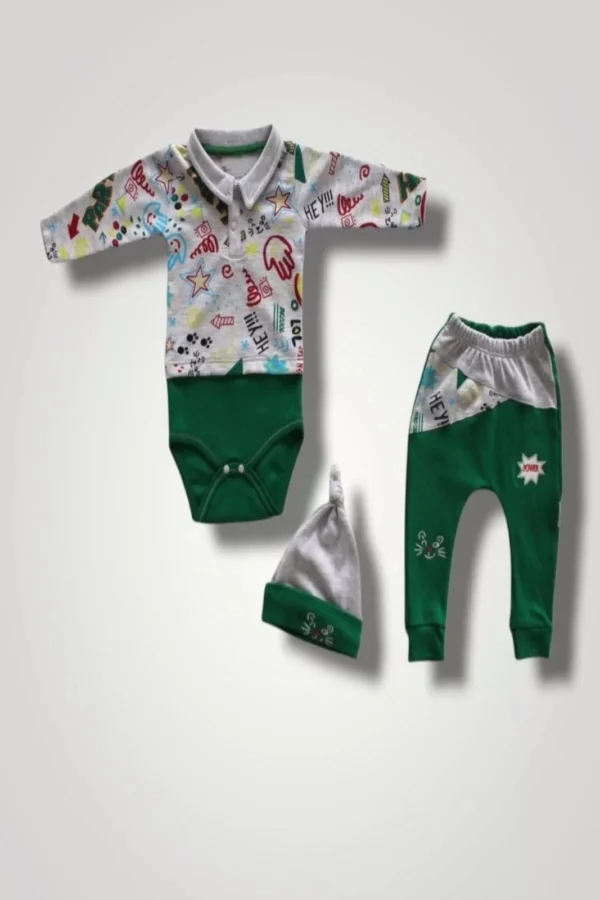 6-9 12-18 18-24 Ay Power Kedi Nakışlı Uzun Kollu Zıbınlı Şapkalı 3lü Kız Erkek Bebek Takımı Yeşil