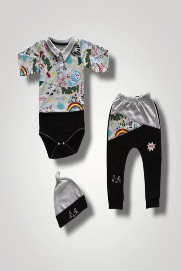 6-9 12-18 18-24 Ay Power Kedi Nakışlı Uzun Kollu Zıbınlı Şapkalı 3lü Kız Erkek Bebek Takımı Siyah