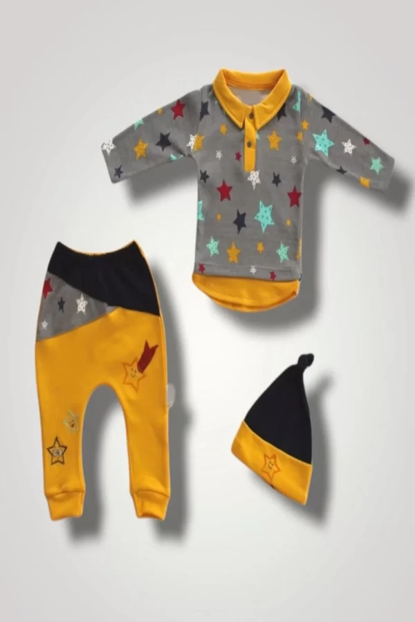 6-9 12-18 18-24 Ay Samanyolu Yıldızlar Baskılı Uzun Kollu Sweat Şapkalı 3lü Kız Erkek Bebek Takımı Sarı
