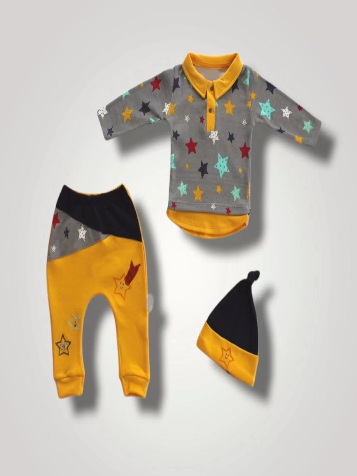 6-9 12-18 18-24 Ay Samanyolu Yıldızlar Baskılı Uzun Kollu Sweat Şapkalı 3lü Kız Erkek Bebek Takımı