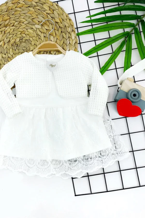 6-9-12-18 Ay Bolerolu Tül Etekli 2li Kız Bebek Elbisesi Beyaz