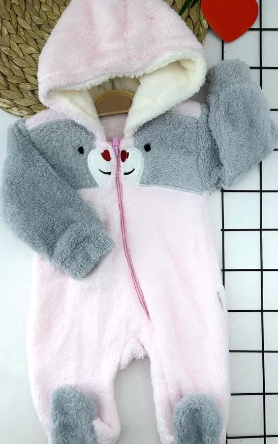 6-9-12-18 Ay Boydan Fermuarlı Welsoft Tüylü Kumaş Kapşonlu Patikli Kız Erkek Bebek Tulumu Pembe