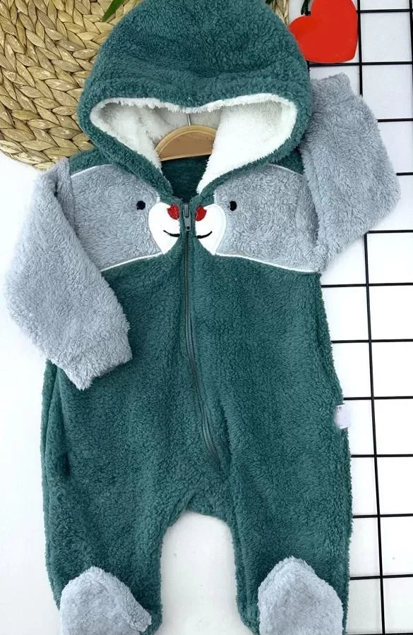 6-9-12-18 Ay Boydan Fermuarlı Welsoft Tüylü Kumaş Kapşonlu Patikli Kız Erkek Bebek Tulumu Petrol Mavisi