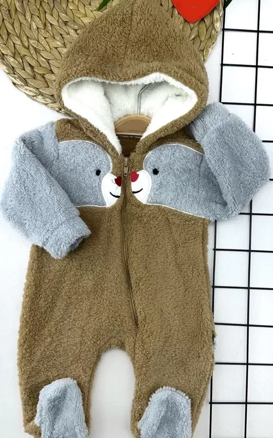 6-9-12-18 Ay Boydan Fermuarlı Welsoft Tüylü Kumaş Kapşonlu Patikli Kız Erkek Bebek Tulumu Kahverengi