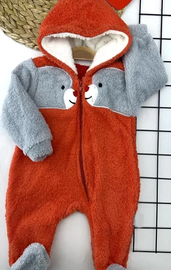 6-9-12-18 Ay Boydan Fermuarlı Welsoft Tüylü Kumaş Kapşonlu Patikli Kız Erkek Bebek Tulumu Turuncu