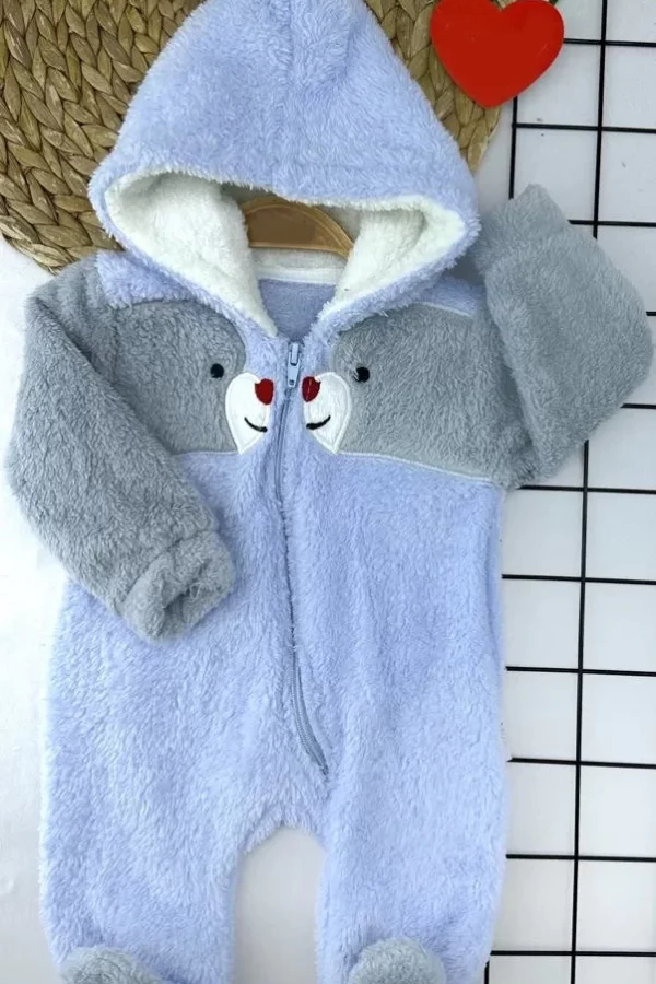 6-9-12-18 Ay Boydan Fermuarlı Welsoft Tüylü Kumaş Kapşonlu Patikli Kız Erkek Bebek Tulumu Mavi