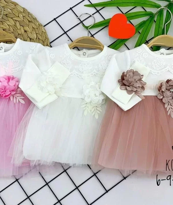 6-9-12-18 Ay Boyundan Brode Desenli Bandanalı Astarlı Kız Bebek Elbisesi Pembe