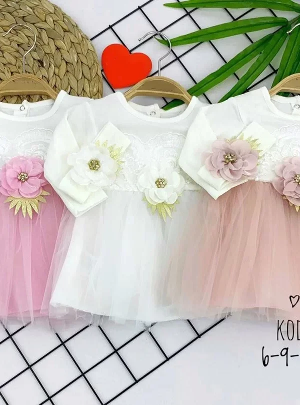 6-9-12-18 Ay Brode Çiçek Desenli Bandanalı Astarlı Kız Bebek Elbisesi Beyaz