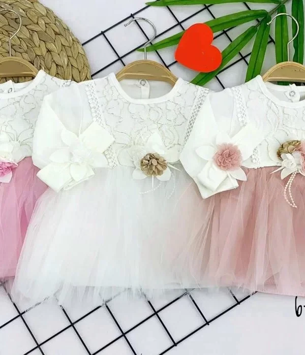 6-9-12-18 Ay Dalga Desenli Bandanalı Astarlı Kız Bebek Elbisesi Pembe