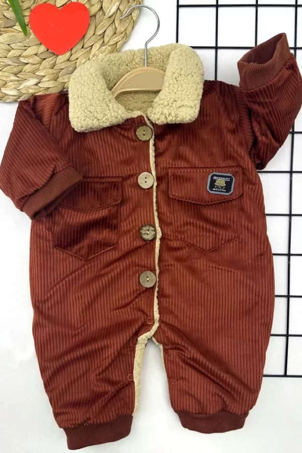 6-9-12-18 Ay Düğme Kapamalı İçi Welsoft Kadife Kumaş Erkek Bebek Tulumu Kahverengi