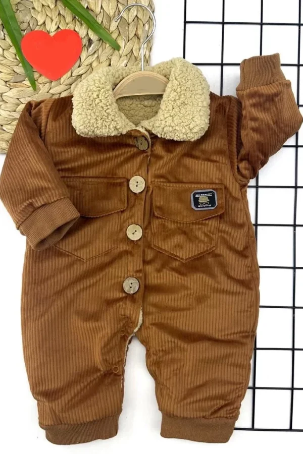 6-9-12-18 Ay Düğme Kapamalı İçi Welsoft Kadife Kumaş Erkek Bebek Tulumu Bej