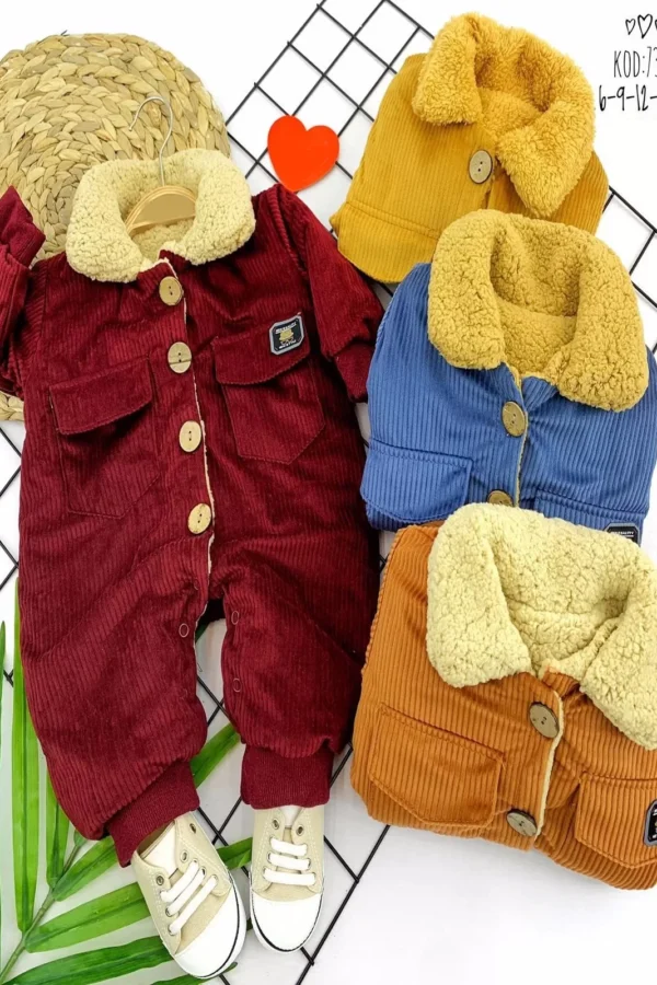 6-9-12-18 Ay Düğme Kapamalı İçi Welsoft Kadife Kumaş Erkek Bebek Tulumu Mavi