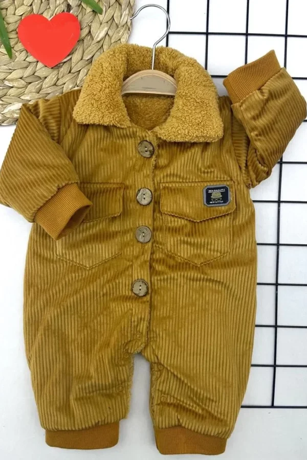 6-9-12-18 Ay Düğme Kapamalı İçi Welsoft Kadife Kumaş Erkek Bebek Tulumu Hardal