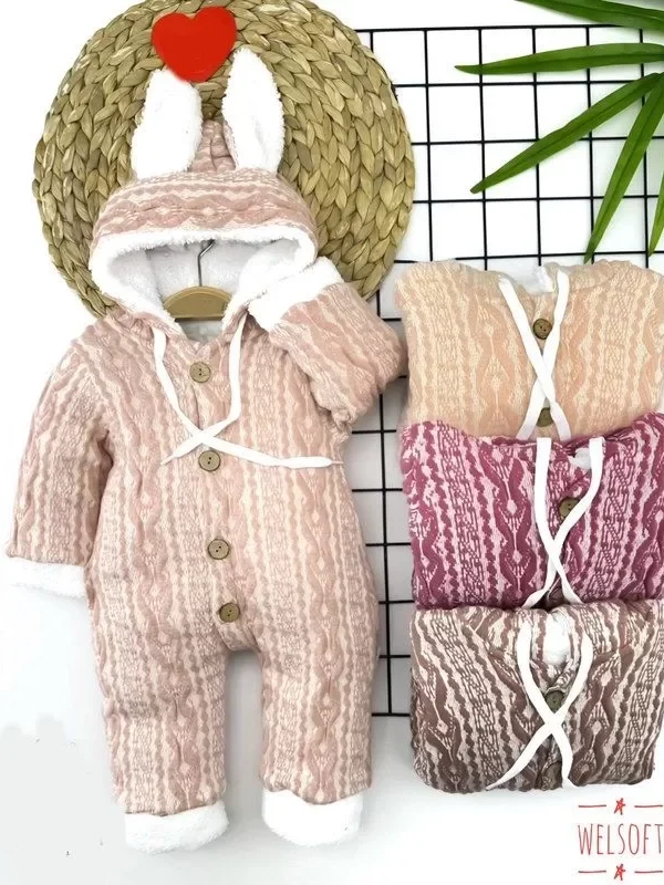 6-9-12-18 Ay Düğme Kapamalı Kulaklı Kapşonlu Motif Desenli Örme Kumaş Kız Erkek Bebek Tulumu Bej