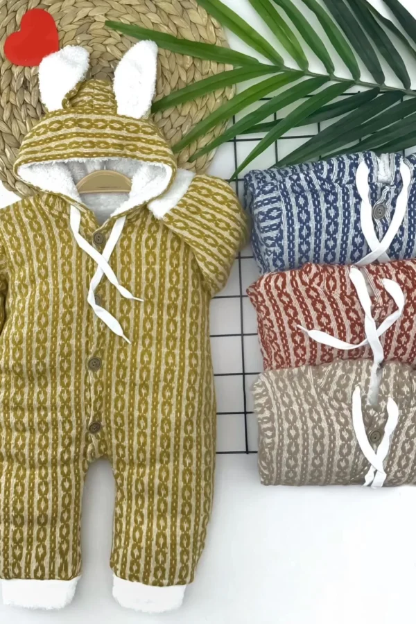 6-9-12-18 Ay Düğme Kapamalı Kulaklı Kapşonlu Triko Kumaş Kız Erkek Bebek Tulumu Mavi