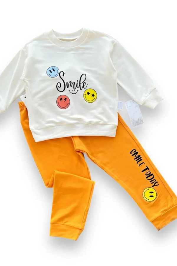 6-9-12-18 Ay Emoje Baskılı Pamuk Penye Kumaş Erkek Bebek Takımı Turuncu