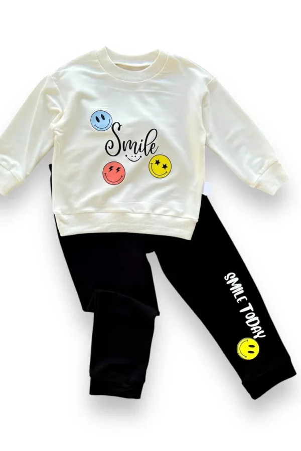 6-9-12-18 Ay Emoje Baskılı Pamuk Penye Kumaş Erkek Bebek Takımı Siyah