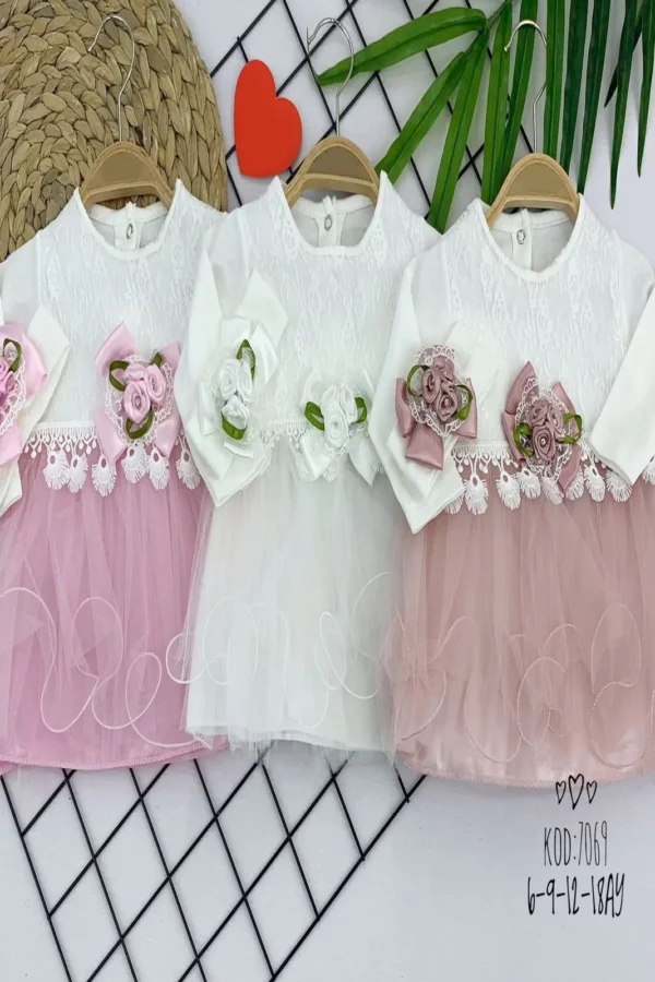 6-9-12-18 Ay Gül Fiyonk Detaylı Bandanalı Astarlı Tül Etek Uzun Kollu Kız Bebek Elbisesi Pembe