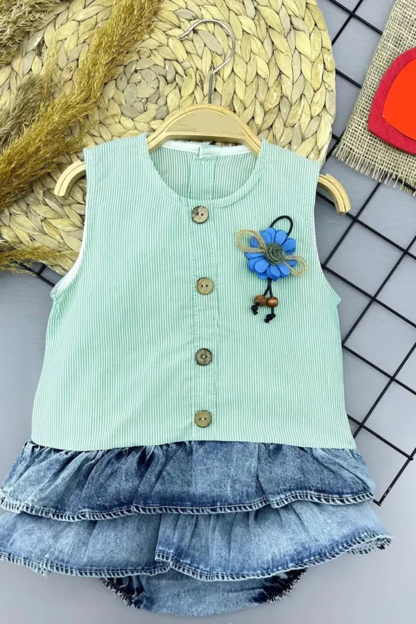 6-9-12-18 Ay Gül Rozet Detaylı Kot Kilotlu Etek Kız Bebek Elbisesi