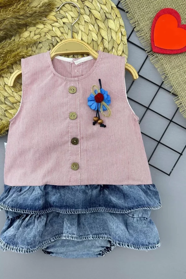 6-9-12-18 Ay Gül Rozet Detaylı Kot Kilotlu Etek Kız Bebek Elbisesi