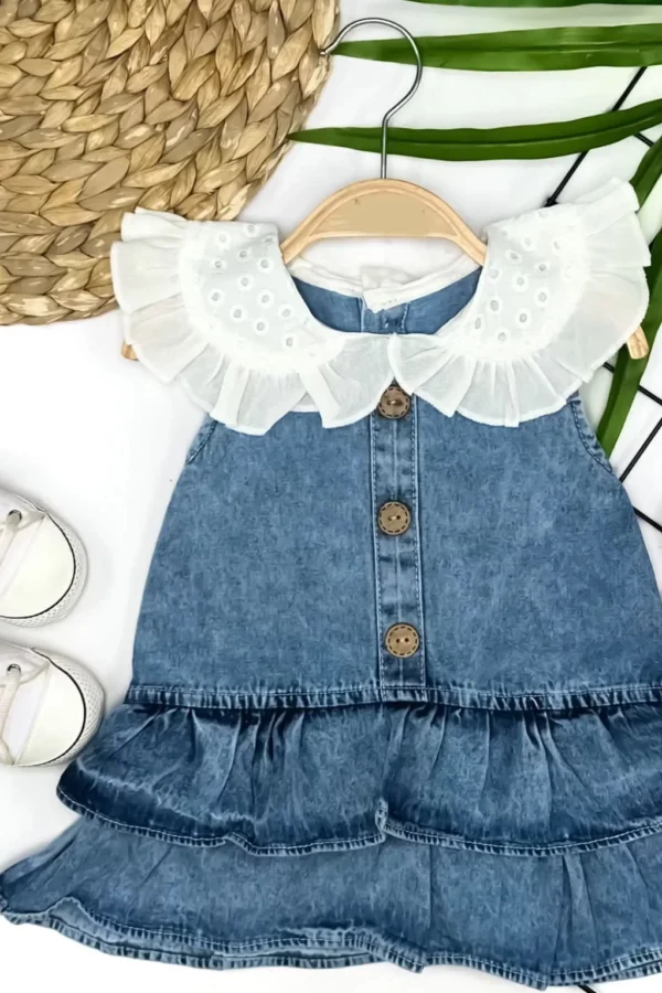 6-9-12-18 Ay Güpür Yaka Detaylı Kot Kilotlu Etek Kız Bebek Elbisesi