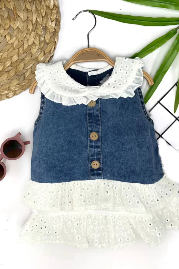 6-9-12-18 Ay Güpür Yaka Ve Etek Detaylı Kot Kilotlu Etek Kız Bebek Elbisesi