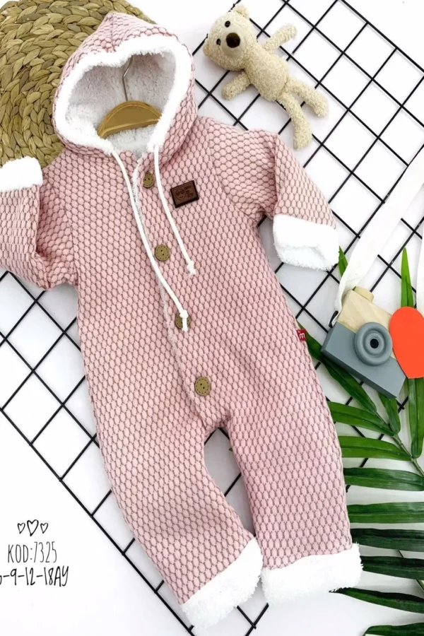 6-9-12-18 Ay İçi Welsoft Düğmeli Kapşonlu Triko Kumaş Kız Erkek Bebek Tulumu Yavruağzı