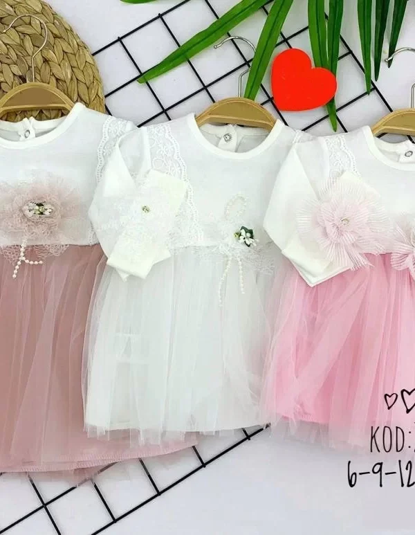 6-9-12-18 Ay Koldan Brode Desenli Bandanalı Astarlı Kız Bebek Elbisesi Pembe