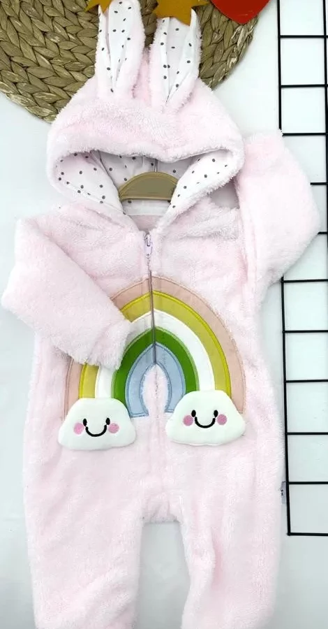 6-9-12-18 Ay Kuzu Tüylü Kumaş Fermuarlı Gökkuşağı Nakışlı Kulaklı Kapşon Kız Erkek Bebek Tulumu Pembe