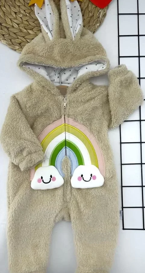 6-9-12-18 Ay Kuzu Tüylü Kumaş Fermuarlı Gökkuşağı Nakışlı Kulaklı Kapşon Kız Erkek Bebek Tulumu Bej
