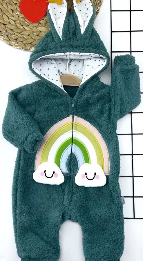 6-9-12-18 Ay Kuzu Tüylü Kumaş Fermuarlı Gökkuşağı Nakışlı Kulaklı Kapşon Kız Erkek Bebek Tulumu Petrol Mavisi