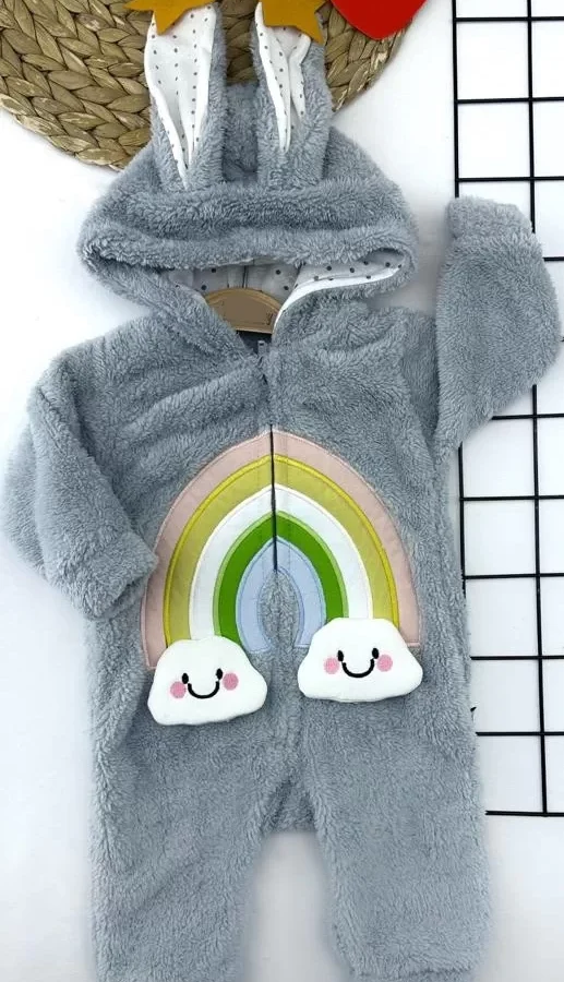 6-9-12-18 Ay Kuzu Tüylü Kumaş Fermuarlı Gökkuşağı Nakışlı Kulaklı Kapşon Kız Erkek Bebek Tulumu Gri