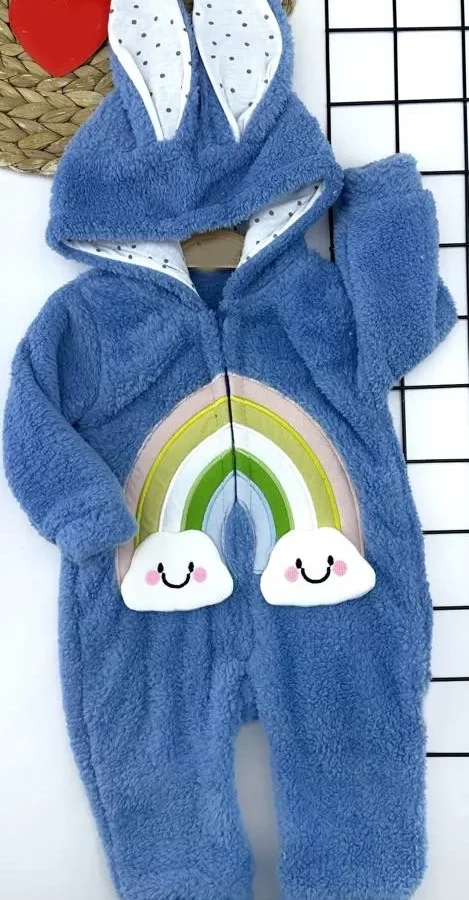 6-9-12-18 Ay Kuzu Tüylü Kumaş Fermuarlı Gökkuşağı Nakışlı Kulaklı Kapşon Kız Erkek Bebek Tulumu Mavi