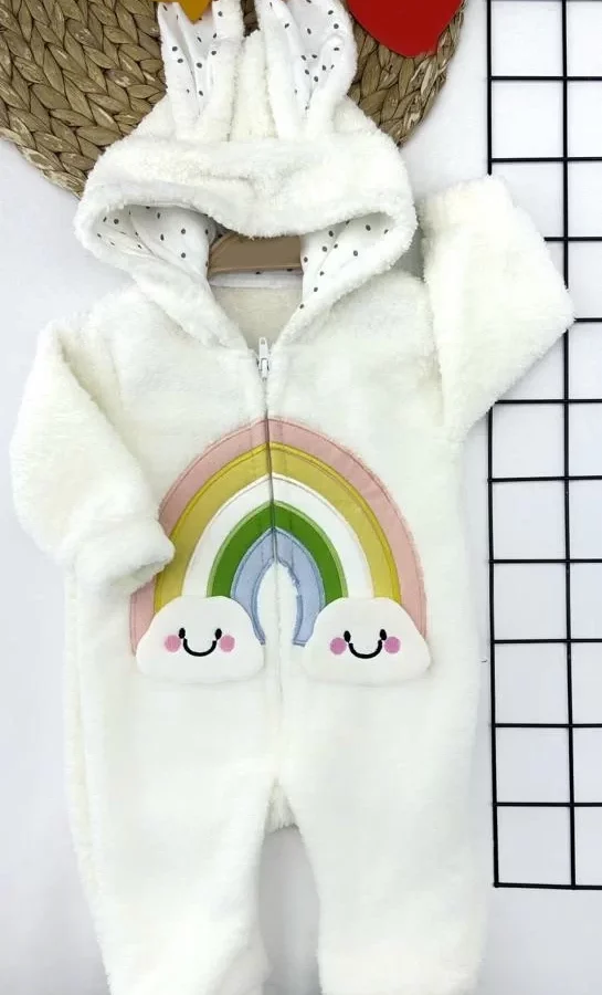 6-9-12-18 Ay Kuzu Tüylü Kumaş Fermuarlı Gökkuşağı Nakışlı Kulaklı Kapşon Kız Erkek Bebek Tulumu Krem