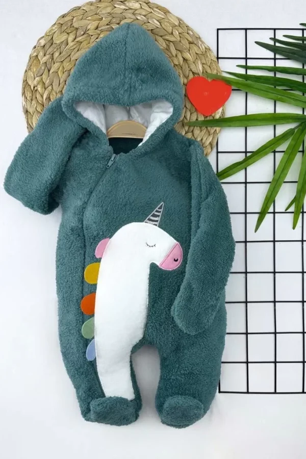 6-9-12-18 Ay Kuzu Tüylü Kumaş Unicorn Nakışlı Kapşonlu Fermuarlı Kız Erkek Bebek Tulumu Petrol Mavisi