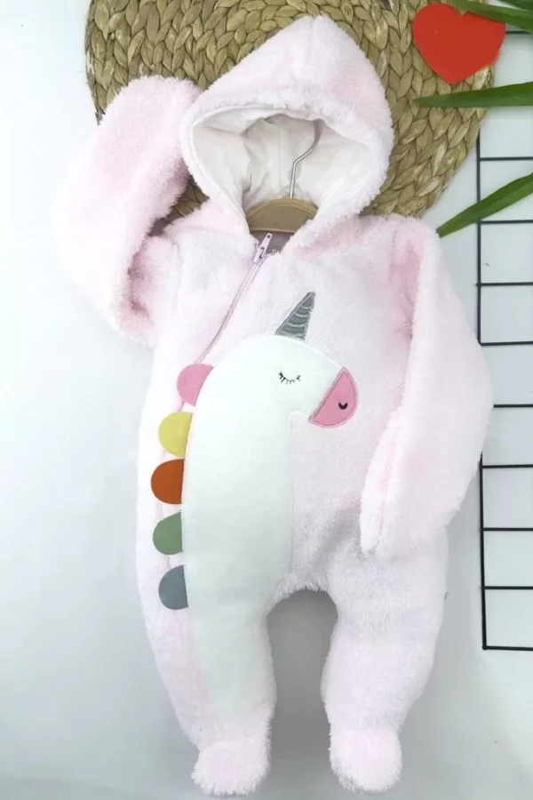 6-9-12-18 Ay Kuzu Tüylü Kumaş Unicorn Nakışlı Kapşonlu Fermuarlı Kız Erkek Bebek Tulumu