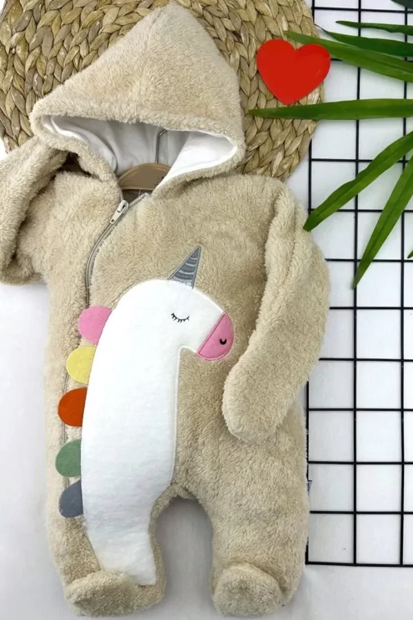 6-9-12-18 Ay Kuzu Tüylü Kumaş Unicorn Nakışlı Kapşonlu Fermuarlı Kız Erkek Bebek Tulumu