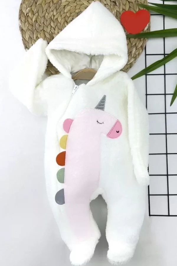 6-9-12-18 Ay Kuzu Tüylü Kumaş Unicorn Nakışlı Kapşonlu Fermuarlı Kız Erkek Bebek Tulumu Krem