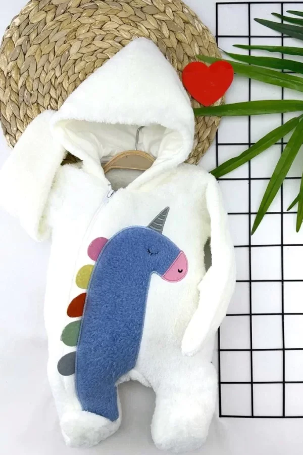 6-9-12-18 Ay Kuzu Tüylü Kumaş Unicorn Nakışlı Kapşonlu Fermuarlı Kız Erkek Bebek Tulumu