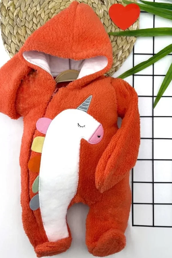 6-9-12-18 Ay Kuzu Tüylü Kumaş Unicorn Nakışlı Kapşonlu Fermuarlı Kız Erkek Bebek Tulumu