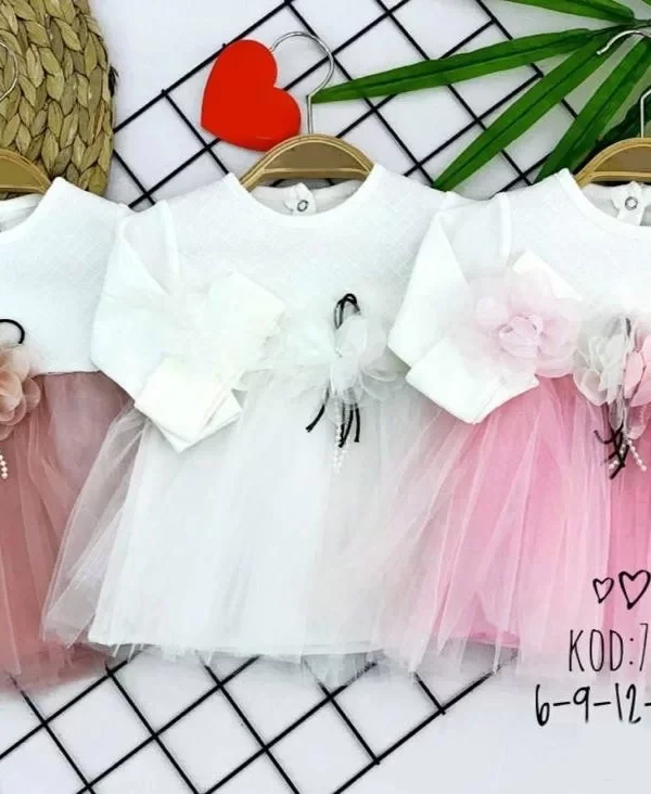 6-9-12-18 Ay Önden Brode Çiçek Desenli İpli Bandanalı Astarlı Kız Bebek Elbisesi Gül Kurusu