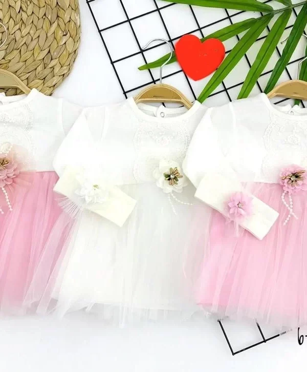 6-9-12-18 Ay Önden Brode Çiçek Fiyonk Desenli Bandanalı Astarlı Kız Bebek Elbisesi Pembe