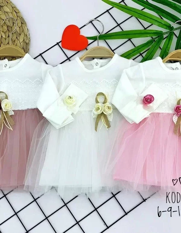 6-9-12-18 Ay Önden Brode Çift Gül Fiyonk Desenli Bandanalı Astarlı Kız Bebek Elbisesi Pembe