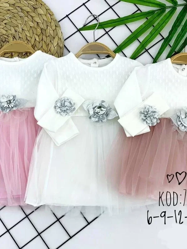 6-9-12-18 Ay Önden Brode Gümüş Çiçek Desenli Bandanalı Astarlı Kız Bebek Elbisesi Pembe