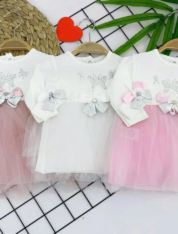 6-9-12-18 Ay Payetli Kelebek Desenli Bandanalı Astarlı Kız Bebek Elbisesi Pembe