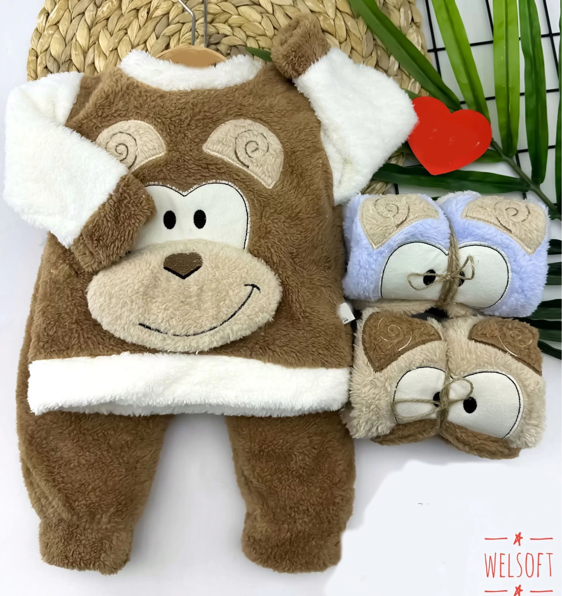 6-9-12-18 Ay Welsoft Kumaş Kulaklı Ayı Desenli Uzun Kollu 2li Kız Erkek Bebek Takımı