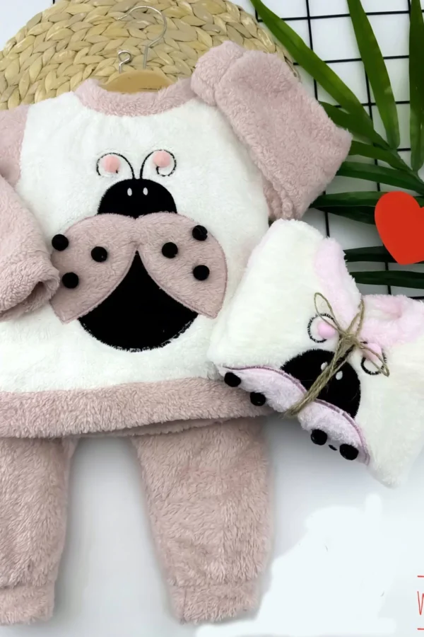 6-9-12-18 Ay Welsoft Kumaş Uğur Böceği Desenli Uzun Kollu 2li Kız Erkek Bebek Takımı Gül Kurusu