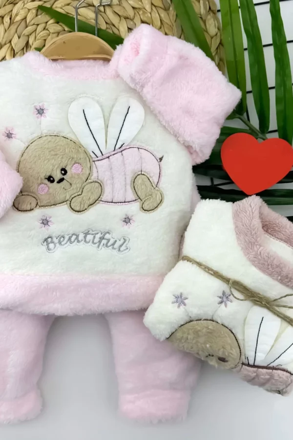 6-9-12-18 Ay Welsoft Kumaş Yavru Arıcık Desenli Uzun Kollu 2li Kız Erkek Bebek Takımı Gül Kurusu