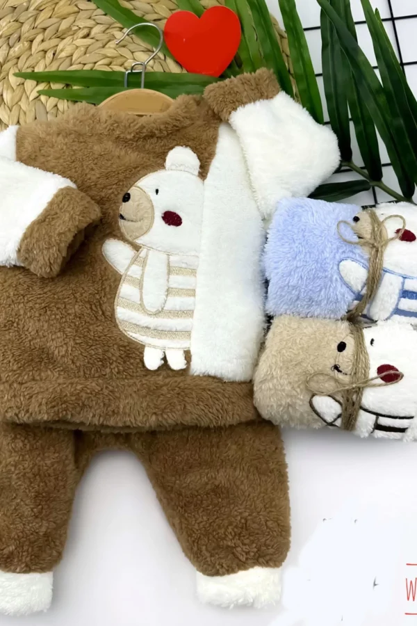 6-9-12-18 Ay Welsoft Kumaş Yavru Ayıcık Desenli Uzun Kollu 2li Kız Erkek Bebek Takımı Kahverengi